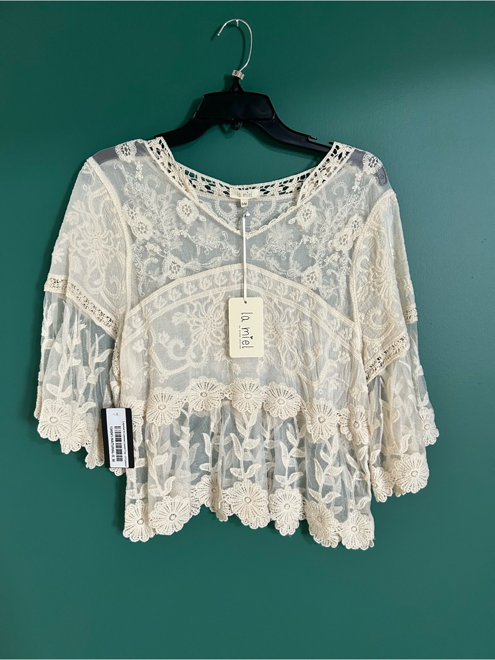 La Mirl Boho Bell Sleeve Peplum Crochet Top Floral Lace Size S/M